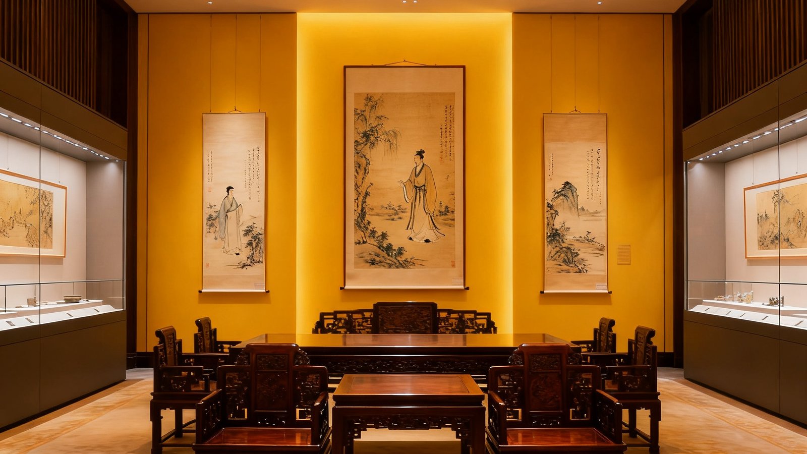 玖鼎贵宾厅位于上海外滩的艺术品鉴空间正厅，暖色灯光映照下的中式古典家具与现代展陈设计相融合，墙上悬挂着明清书画作品。