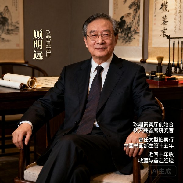 顾明远先生，玖鼎贵宾厅创始合伙人兼首席研究官，曾任大型拍卖行中国书画部主管十五年，拥有近四十年收藏与鉴定经验。